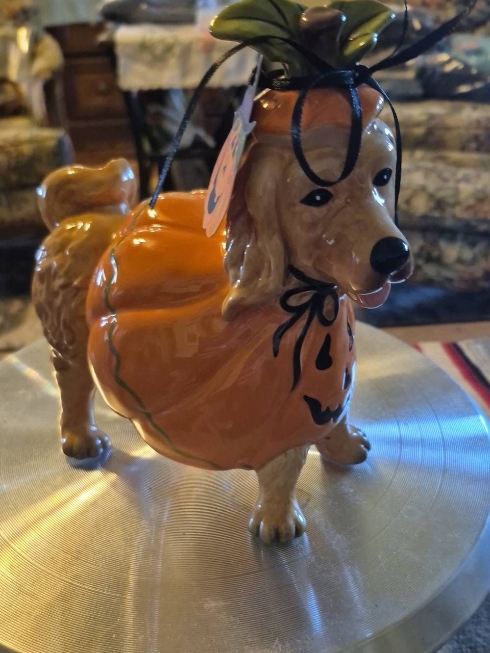Ceramic figurine, Blue Sky Clayworks byHeather Goldminc,Golden Retriever/pumpkin